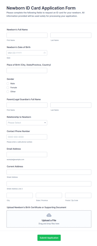 Newborn ID Card Application Form Template