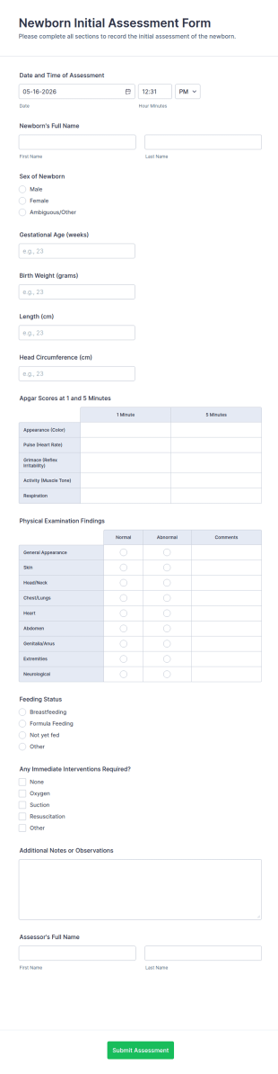 Newborn Initial Assessment Form Template