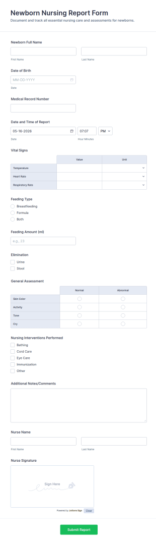 Newborn Nursing Report Form Template