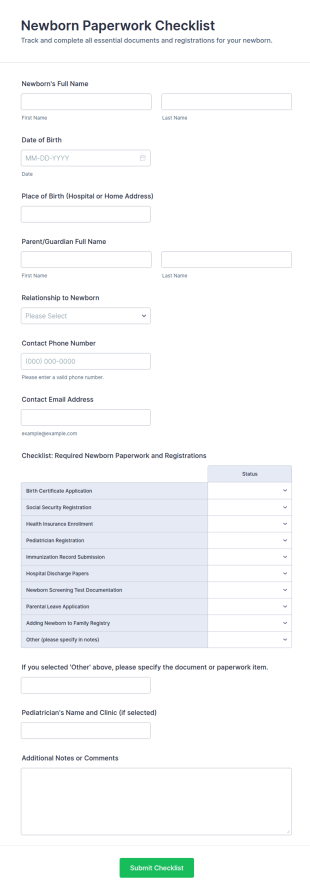 Newborn Paperwork Checklist Form Template