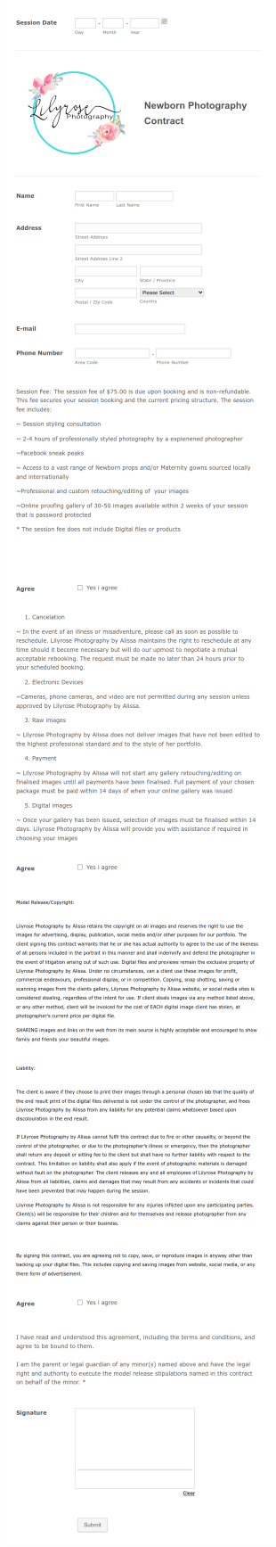 Newborn Photography Contract Form Template