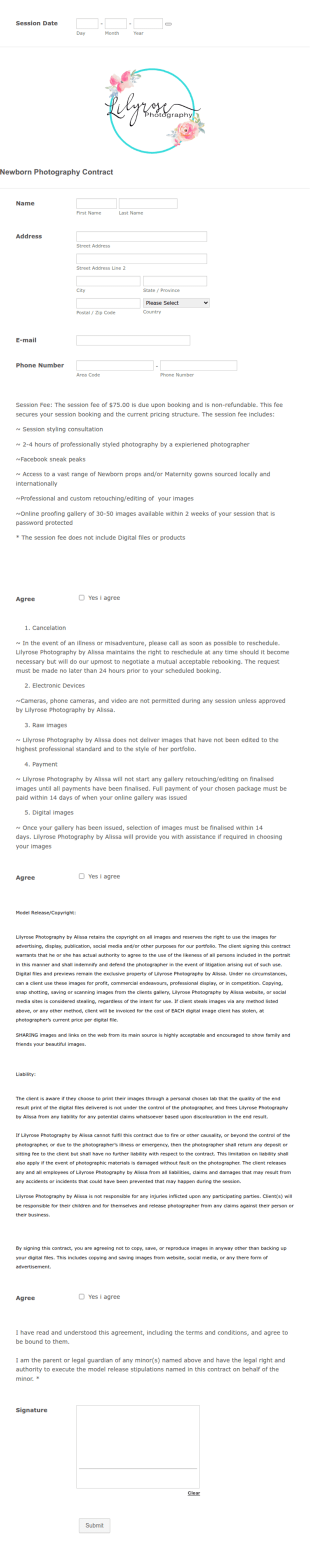 Newborn Photography Contract Form Template