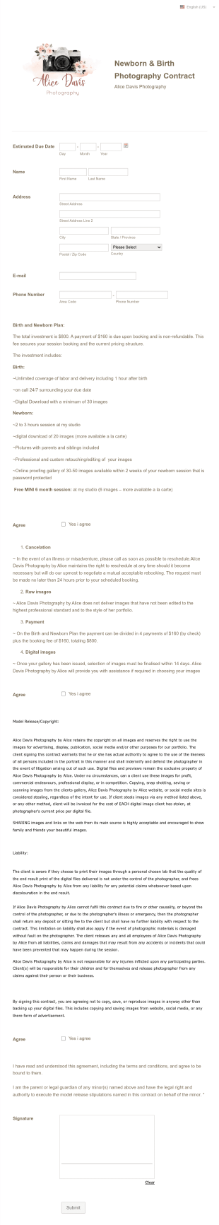 Newborn Photography Order Form Template