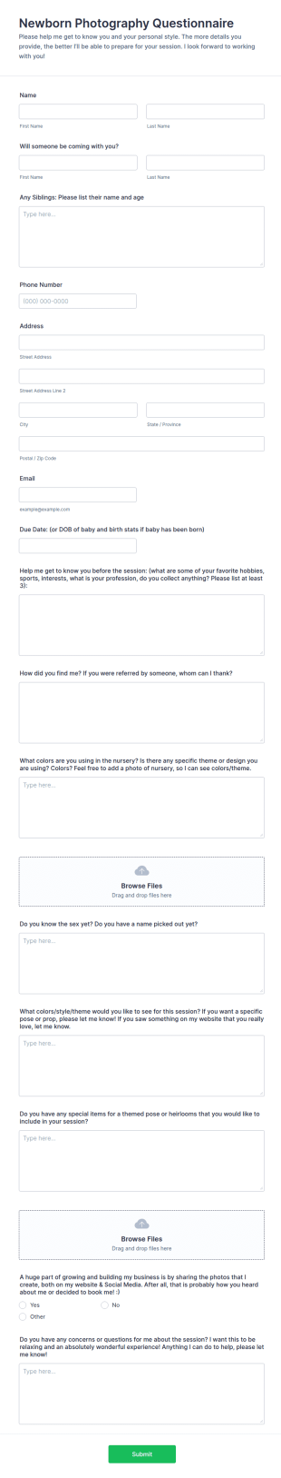 Newborn Photography Questionnaire Form Template