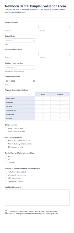 Newborn Sacral Dimple Evaluation Form Template