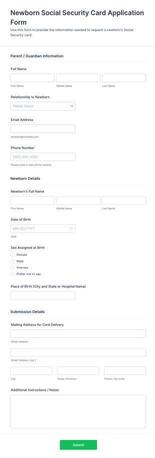 Newborn Social Security Card Application Form Template