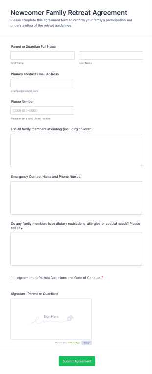 Newcomer Family Retreat Agreement Form Template