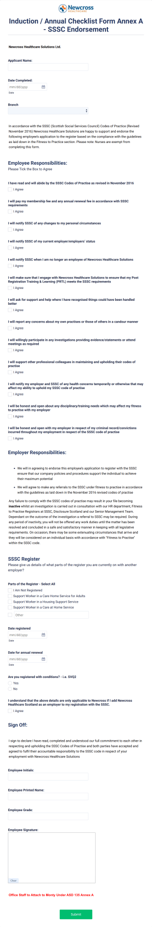 Newcross SSSC Check List Form Template