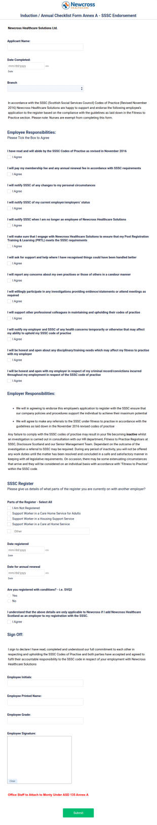 Newcross SSSC Check List Form Template