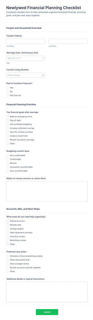 Newlywed Financial Planning Checklist Form Template