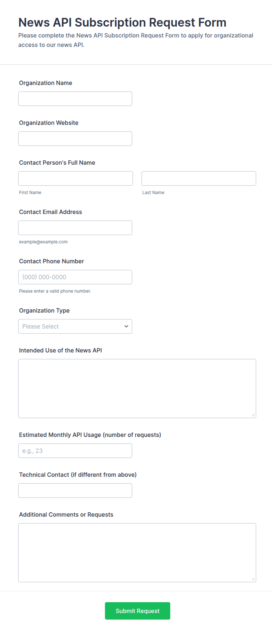 News API Subscription Request Form Template | Jotform