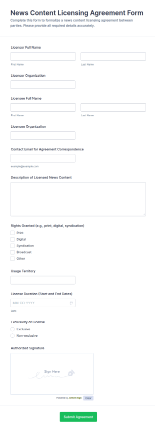News Content Licensing Agreement Form Template