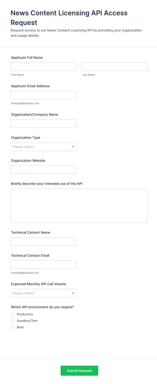 News Content Licensing API Access Request Form Template