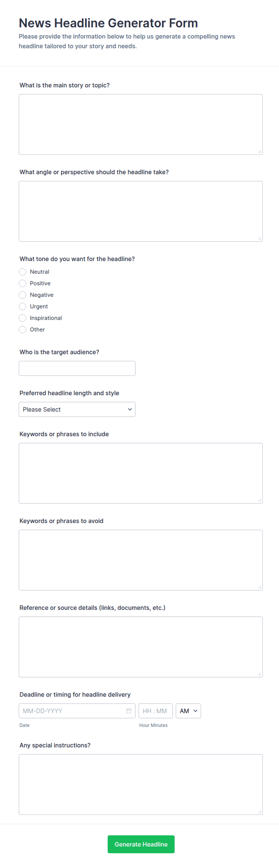 News Headline Generator Request Form Template | Jotform