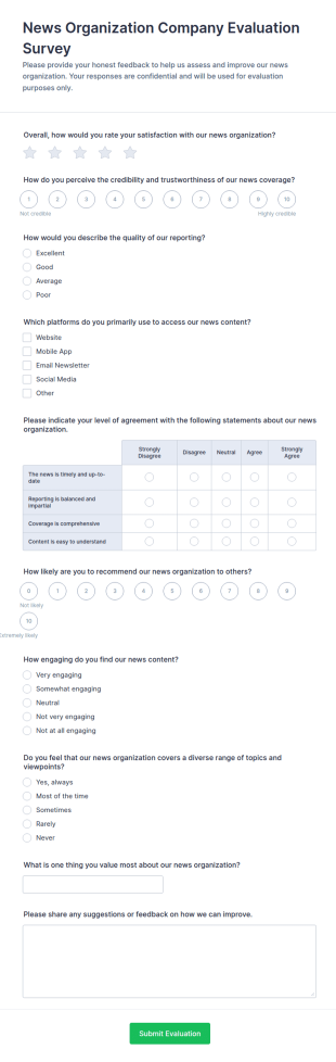 News Organization Company Evaluation Survey Form Template