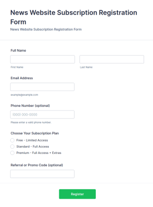 News Website Subscription Registration Form Template