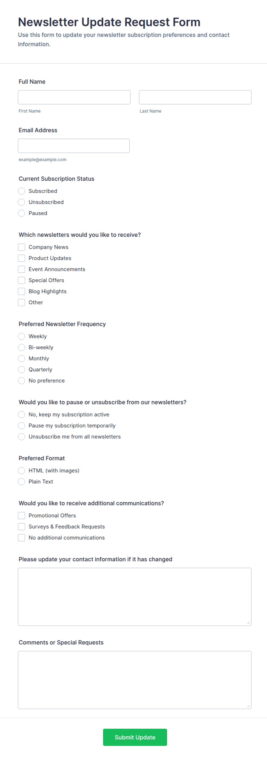 Newsletter Update Request Form Template | Jotform