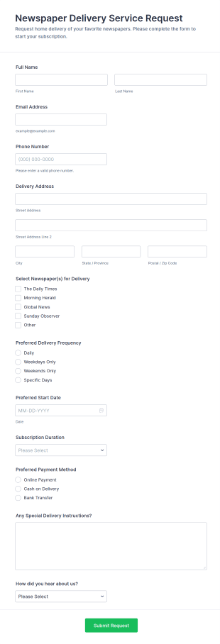 Newspaper Delivery Service Request Form Template