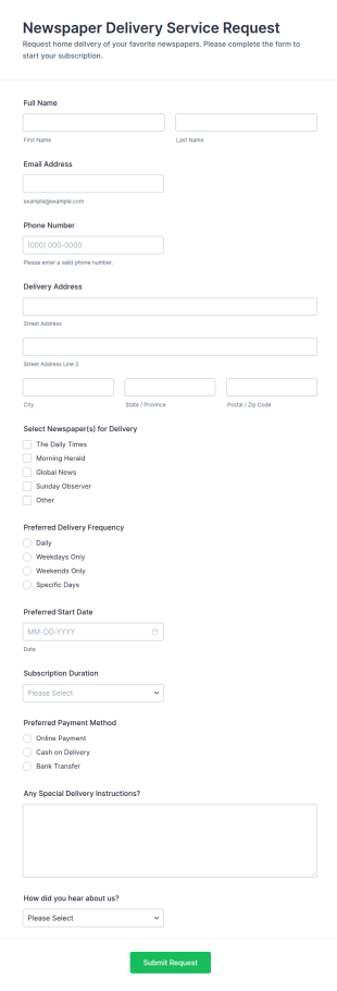 Newspaper Delivery Service Request Form Template