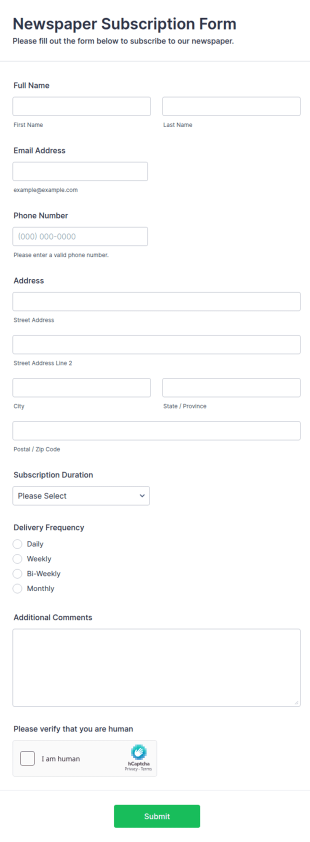 Newspaper Subscription Form Template