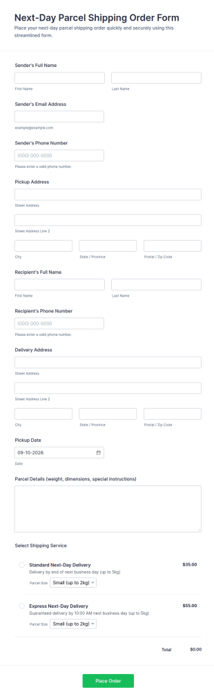 Next Day Parcel Shipping Order Form Template