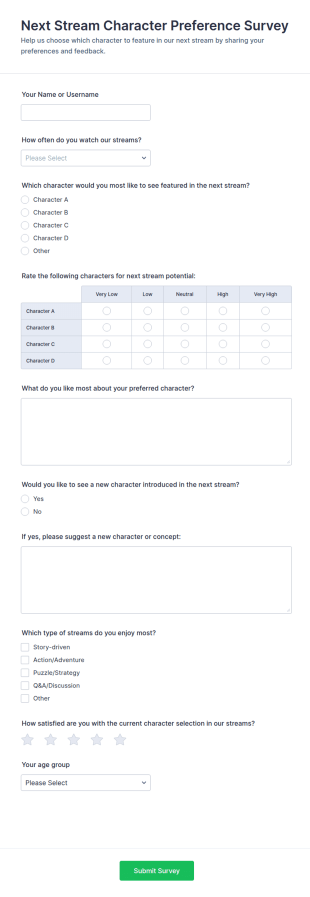 Next Stream Character Preference Survey Form Template