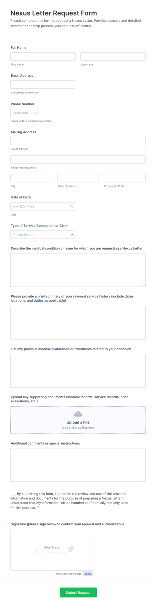 Nexus Letter Request Form Template