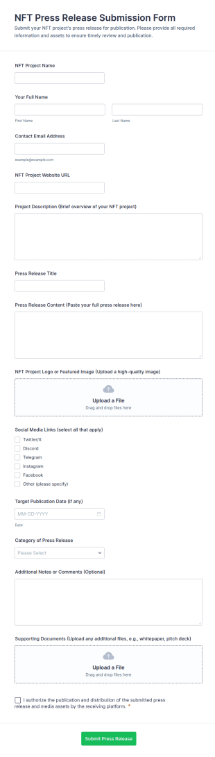 NFT Press Release Submission Form Template
