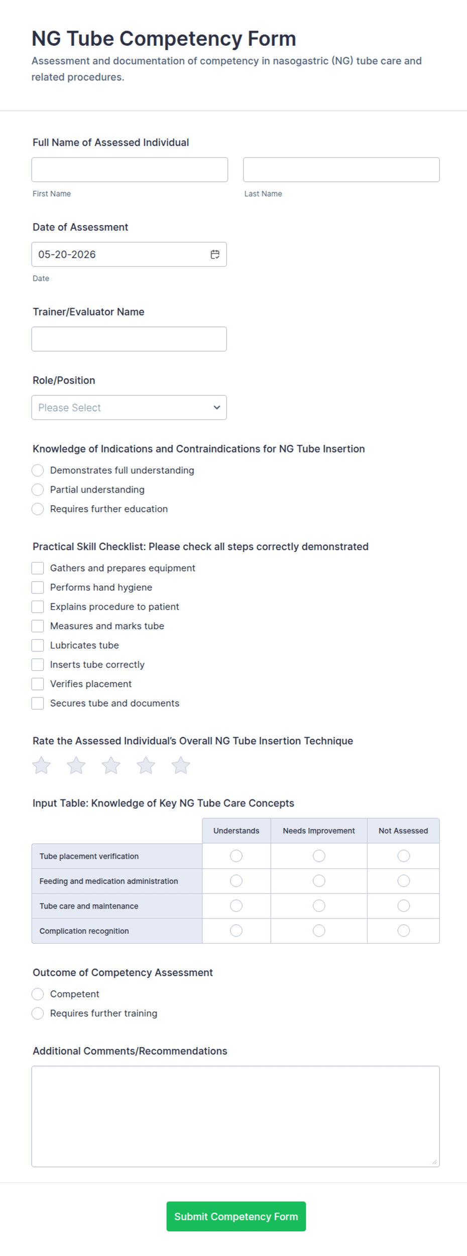 NG Tube Competency Form Template | Jotform
