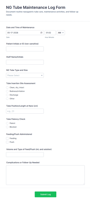 NG Tube Maintenance Log Form Template