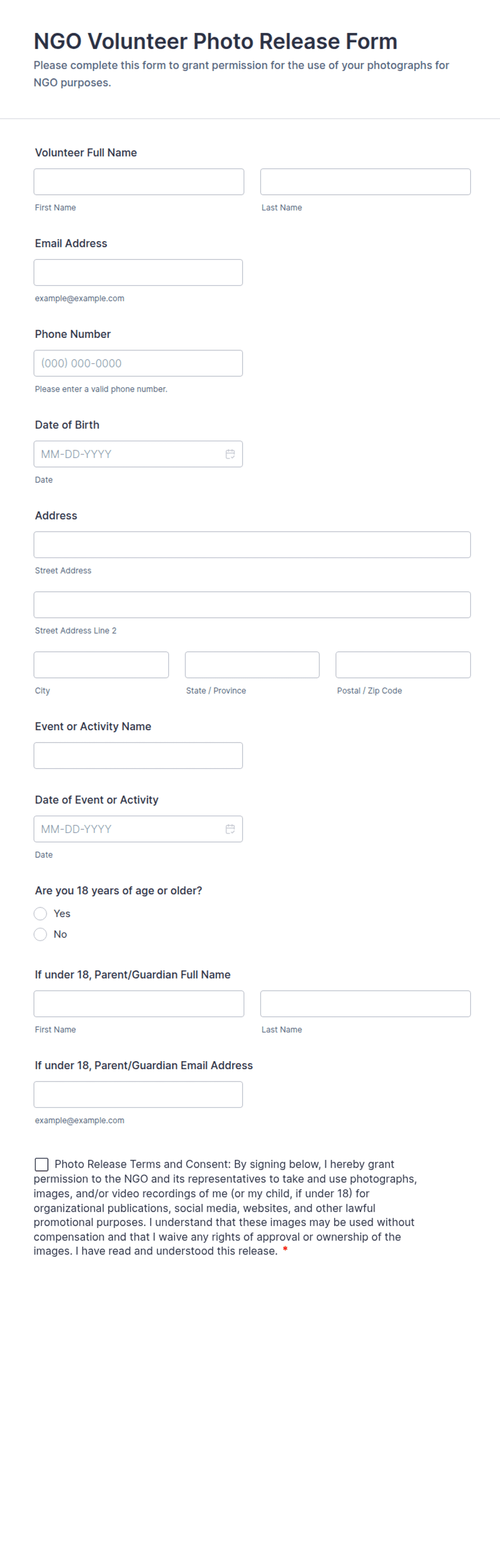 Ngo Forms.pdf NGO Volunteer Photo Release Form Template | Jotform