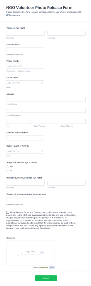 NGO Volunteer Photo Release Form Template