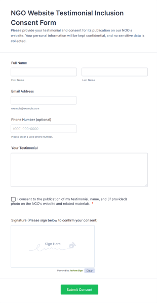 NGO Website Testimonial Inclusion Consent Form Template