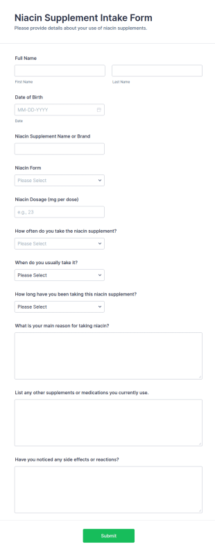 Niacin Supplement Intake Form Template