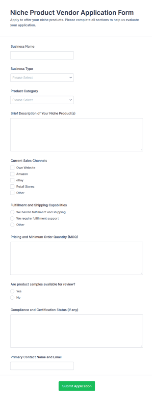 Niche Product Vendor Application Form Template