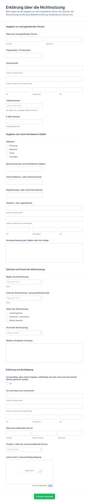 Bescheinigung über Nichtbetrieb Formular