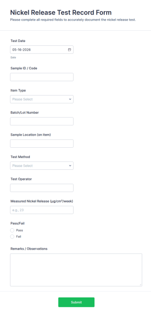 Nickel Release Test Record Form Template