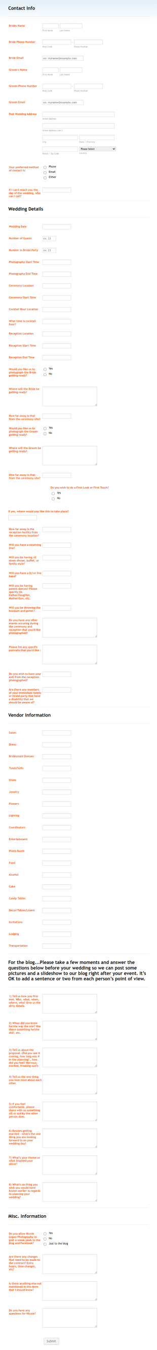 Nicole Lopez Photography Final Wedding Details Form Template