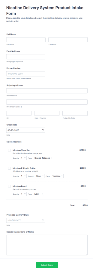 Nicotine Delivery System Product Intake Form Template