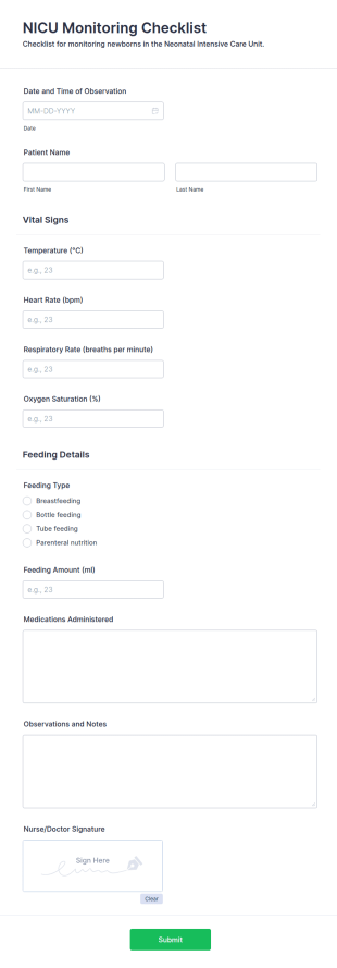 NICU Monitoring Checklist Form Template