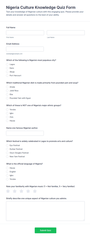 Nigeria Culture Knowledge Quiz Form Template