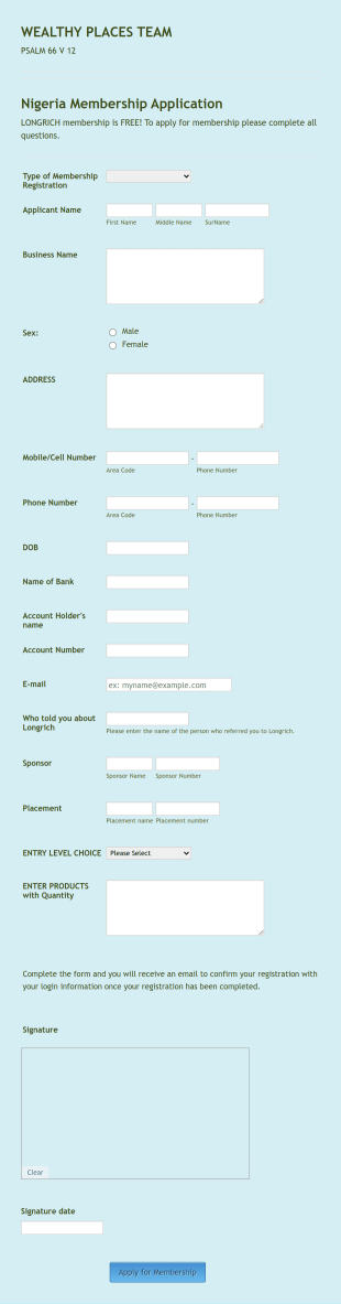 Nigeria Longrich Membership Form Template