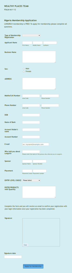 Nigeria Longrich Membership Form Template