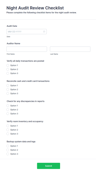 Night Audit Review Checklist Form Template