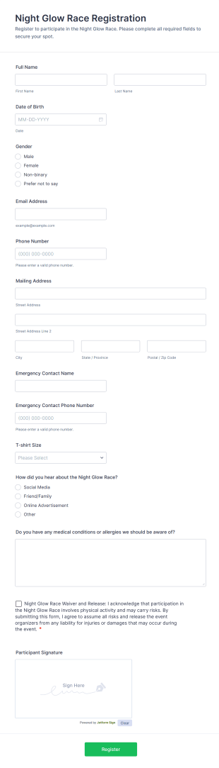 Night Glow Race Registration Form Template