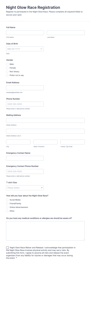 Night Glow Race Registration Form Template