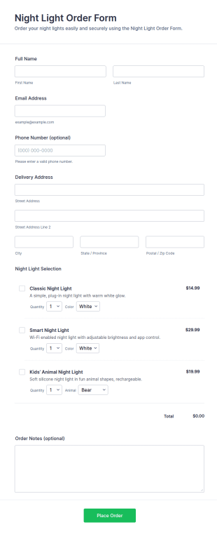 Night Light Order Form Template