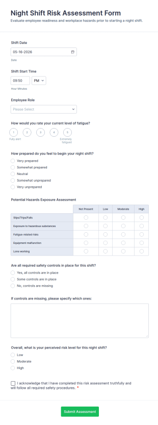 Night Shift Risk Assessment Form Template