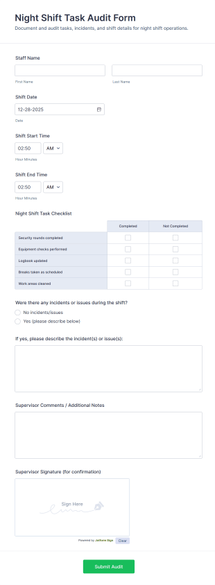 Night Shift Task Audit Form Template