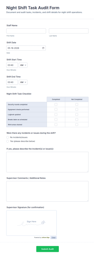 Night Shift Task Audit Form Template